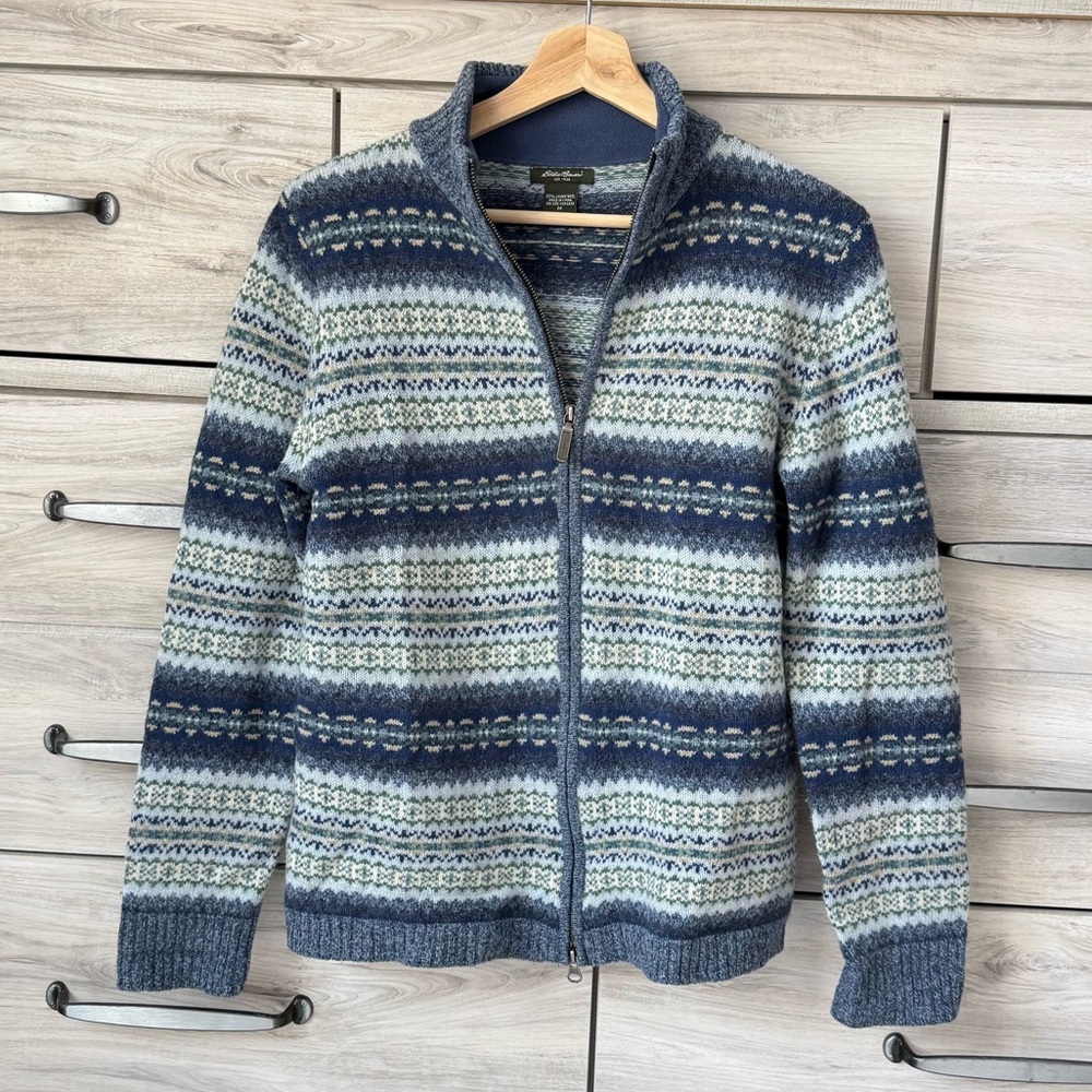 Eddie Bauer Vintage Nordic Fair Isle Full Zip Wool Cardigan Sweater Size M
